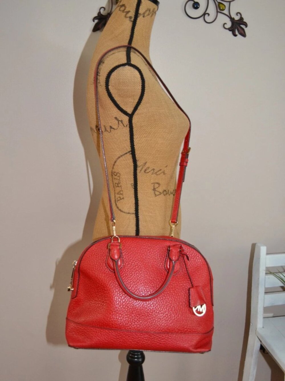 Michael Kors Smythe Chili Red large dome leather satchel Crossbody purse bag